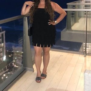 JS Collections Dresses | Black Sleeveless Block Fringe Mini Dress Size 16